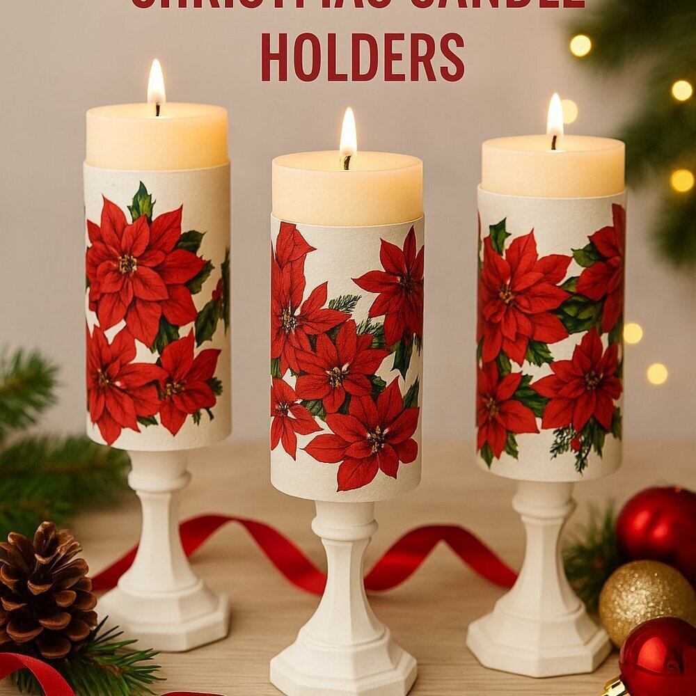 Set of 3 Handmade Poinsettia Christmas Candle Holders / Flower Pots